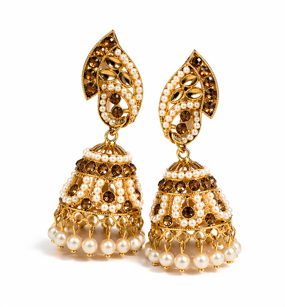 Side view of traditional gold plated pearl jhumka earrings