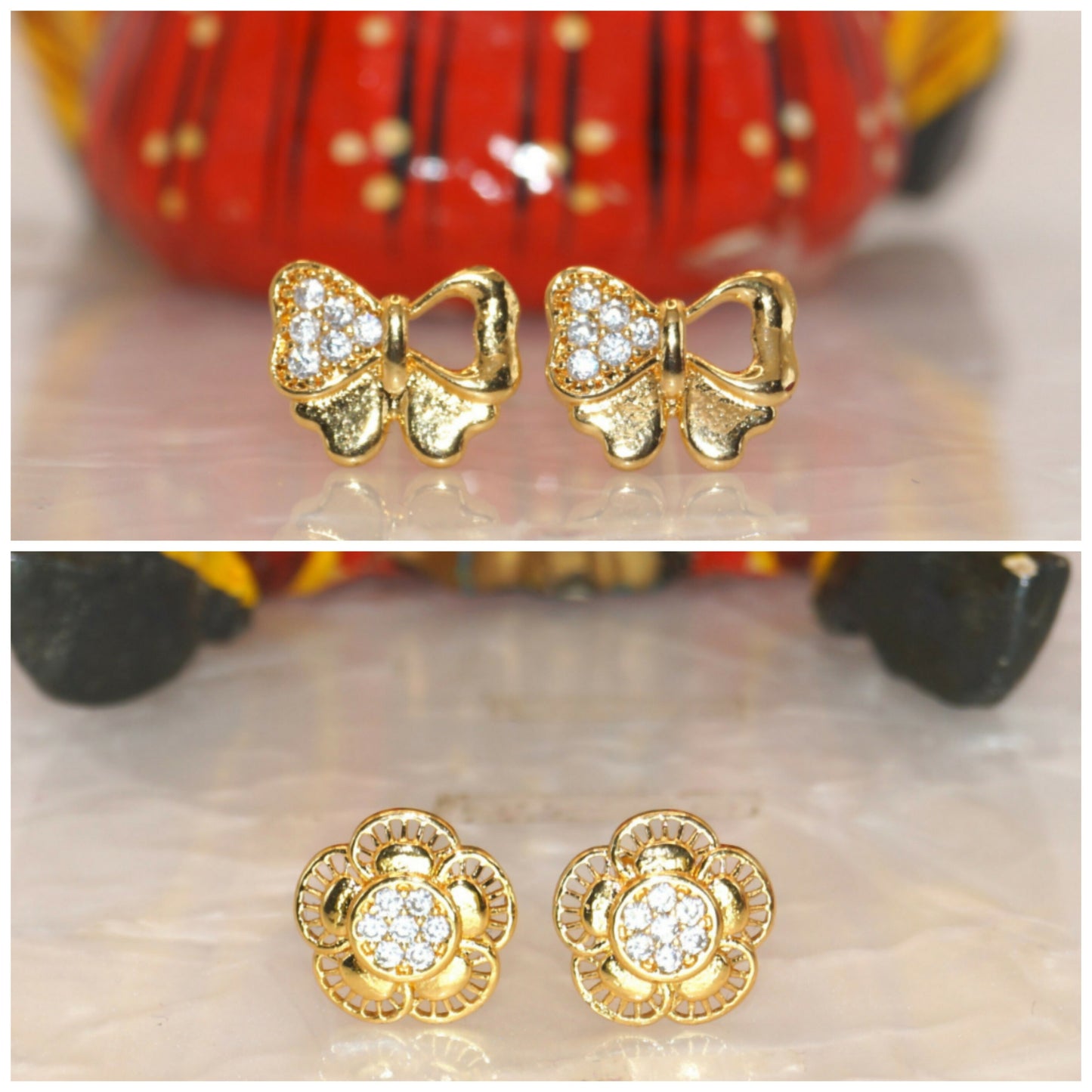 Gold & Diamond Flower & Butterfly Stud Earrings for women & girls Combo Pack of 2