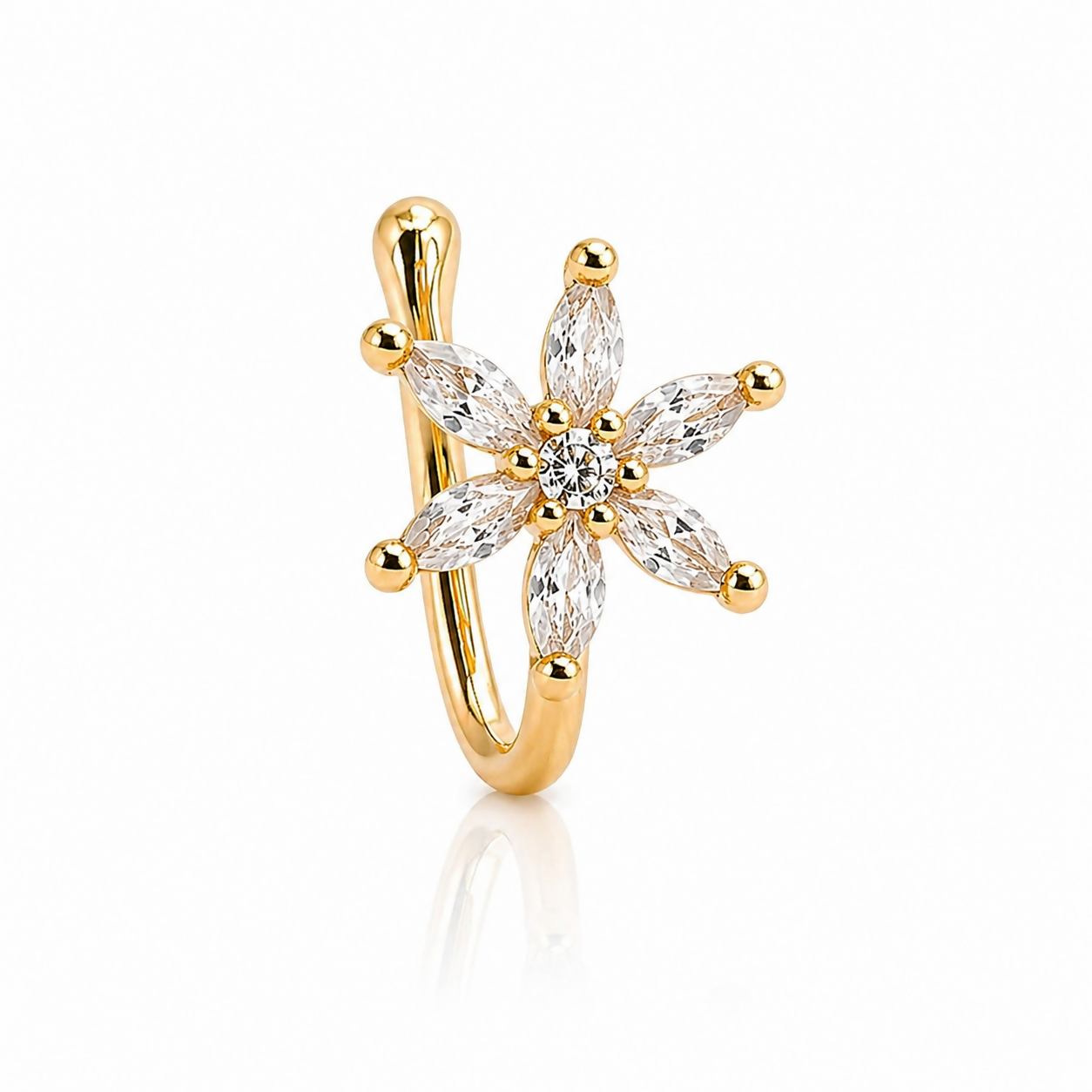 Side view of gold-plated floral nose stud with clear gemstones - angle 03