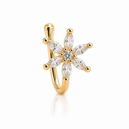 Side view of gold-plated floral nose stud with clear gemstones - angle 03