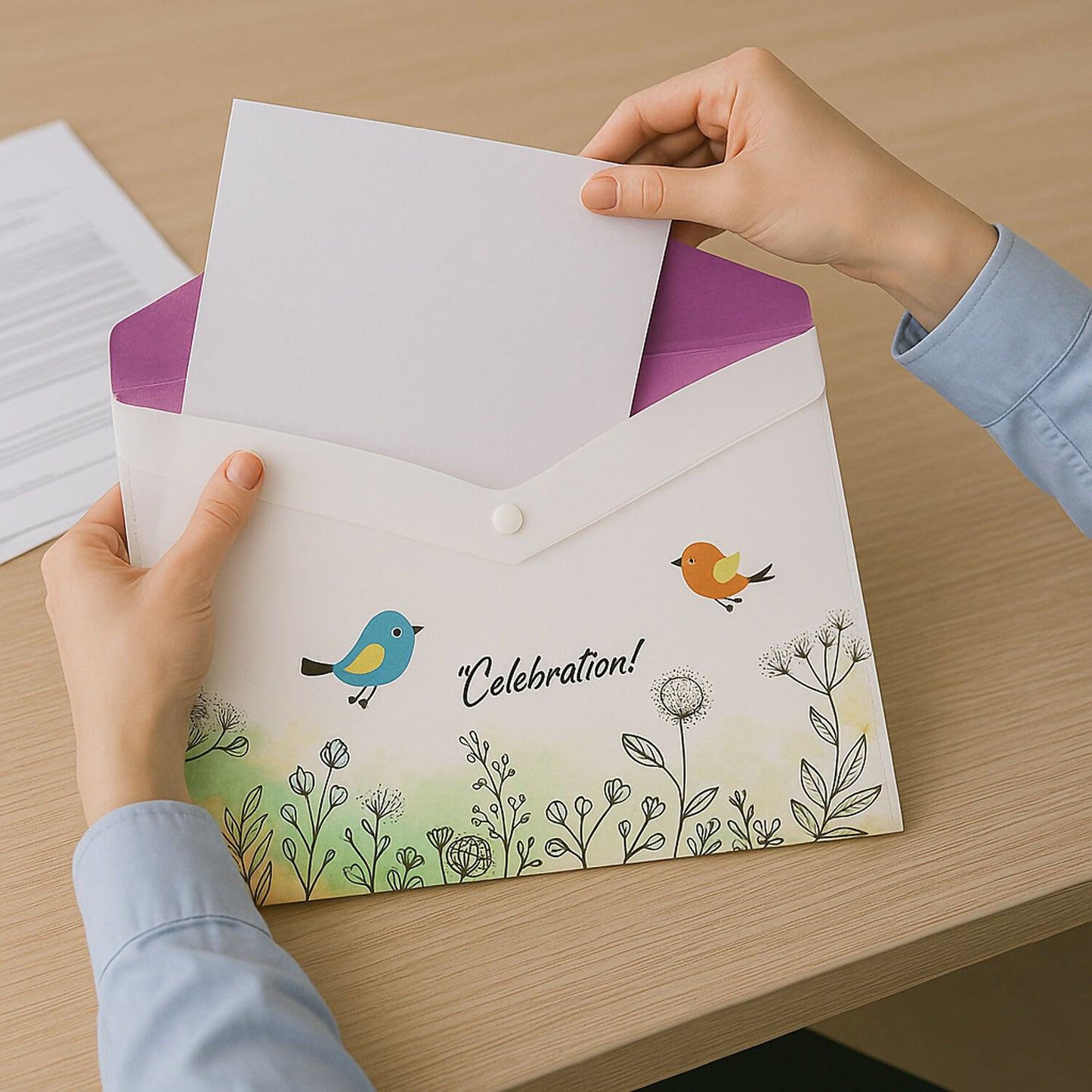 Mix Design Printed A4 Document Folder – Decorative Button Closure File with Bird & Floral Design (1 Pc)