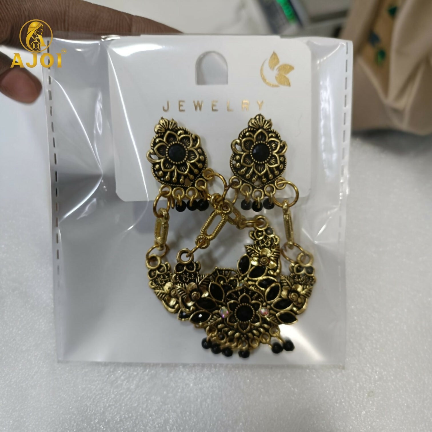 Antique Gold-Plated Black Stone Floral Chandbali Earrings for Women