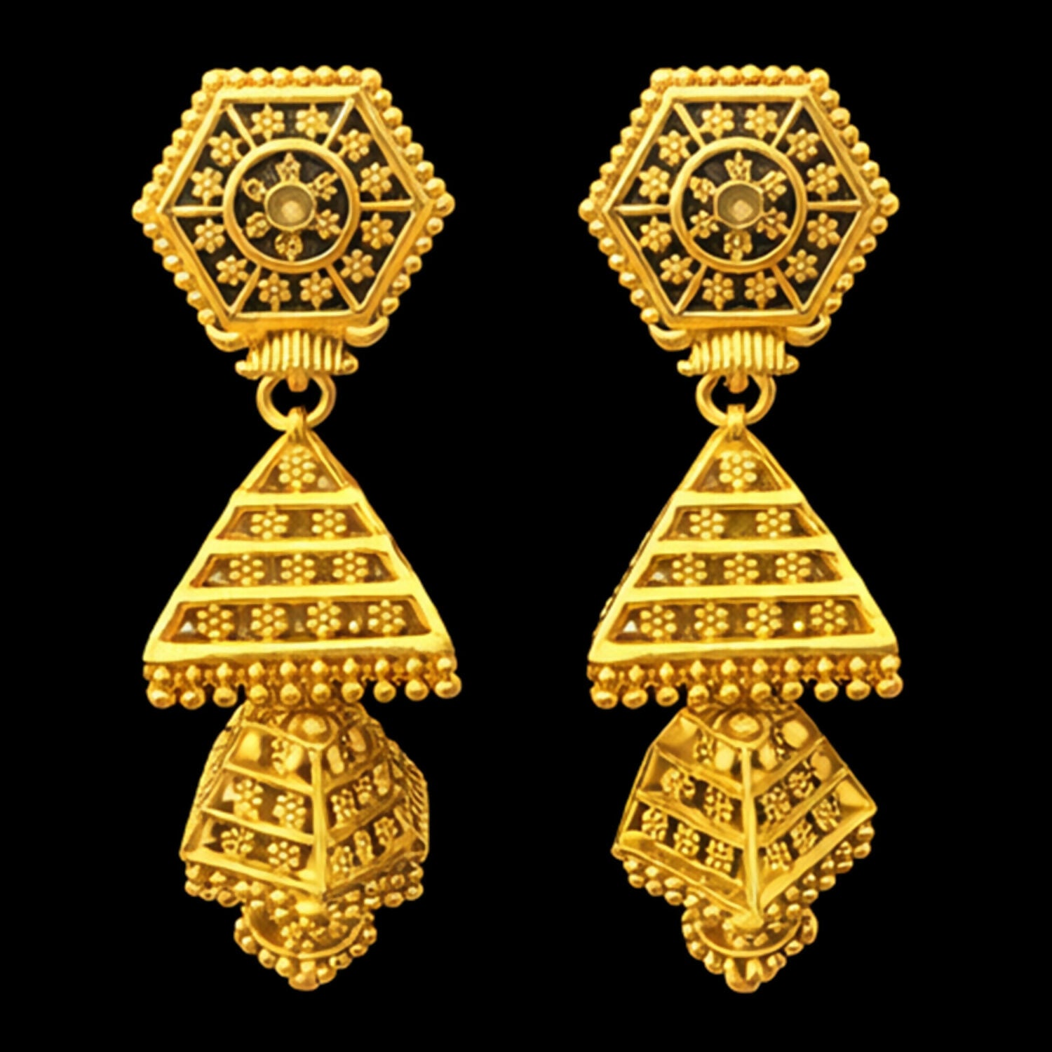 Pair of lightweight ethnic gold-plated dangling earrings with hexagon tops