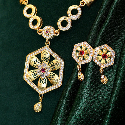 Gold Plated Hexagon Pendant Forming Necklace Set with Stones