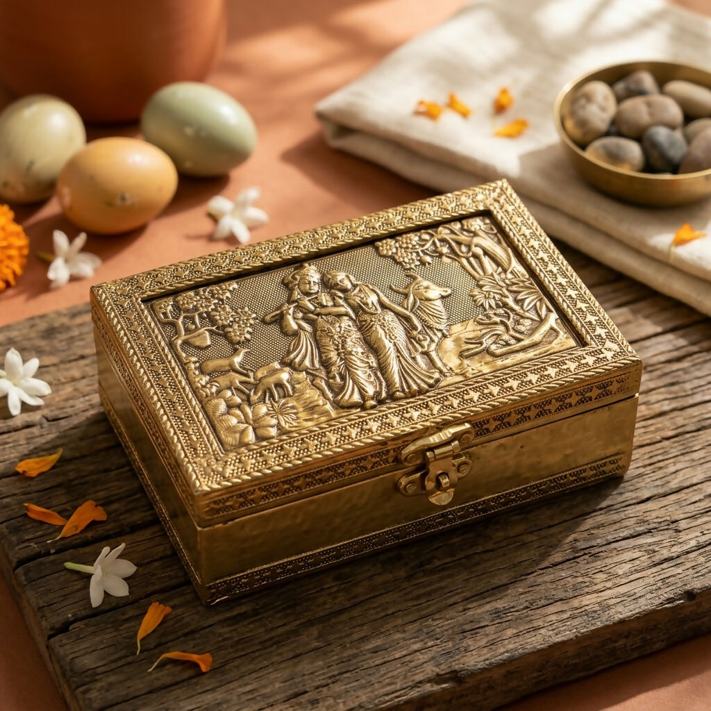 Side view of golden metal jewelry box with intricate border