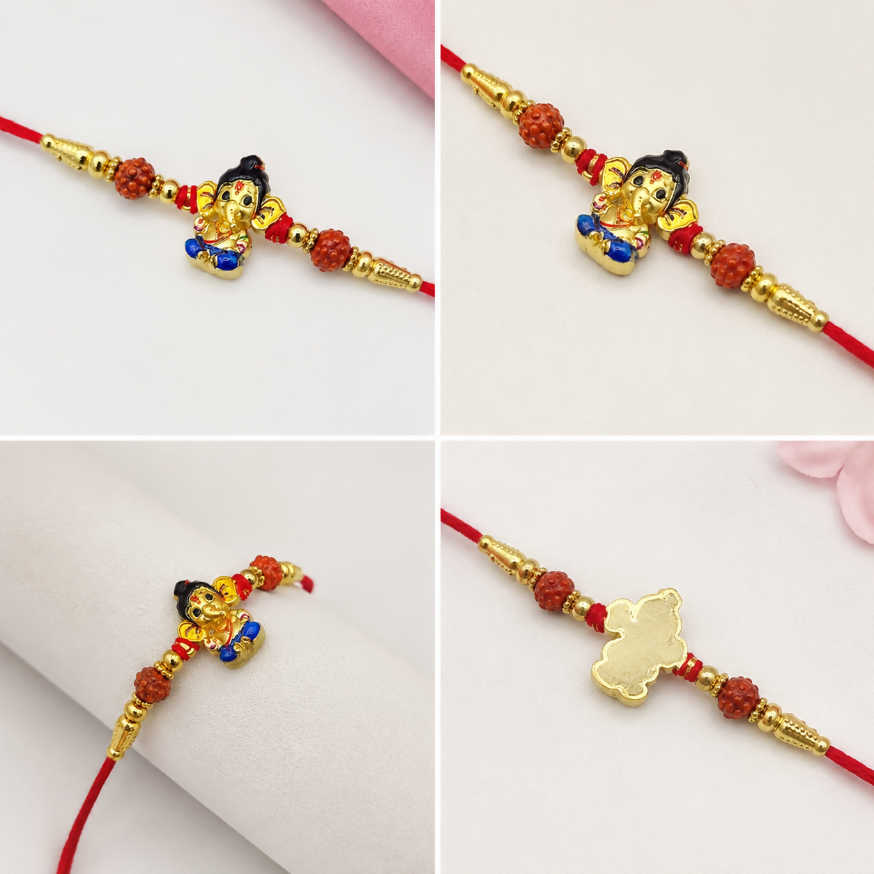 Four close-up views of the metallic Ganesha charm with red carved beads on a red thread, showing front and back details.