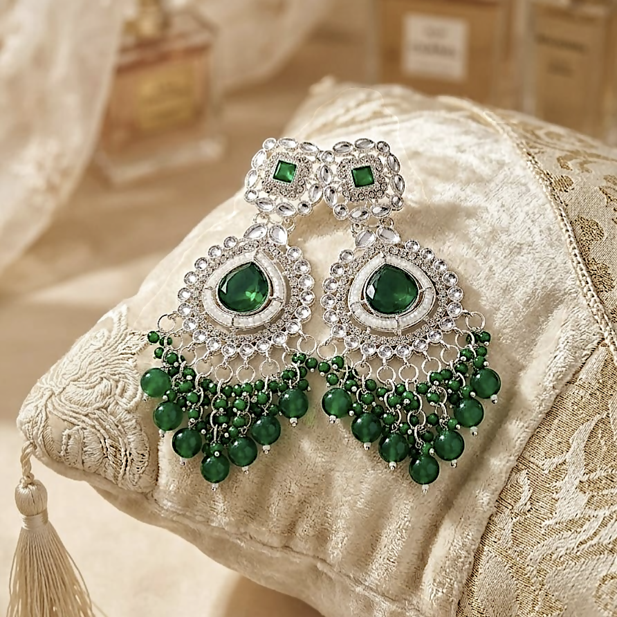 Emerald Green Kundan & Pearl Chandbali Earrings – Silver-Toned Festive Jhumkas