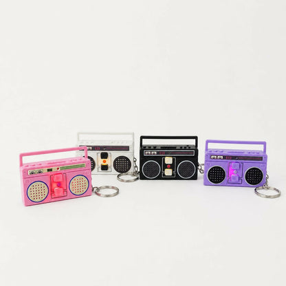 Close-up of buttons on retro radio style voice recorder keychain