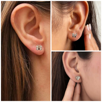 Rose Gold Plated AD Butterfly & Heart Stud Earrings Set for women and girls Combo Pack of 3