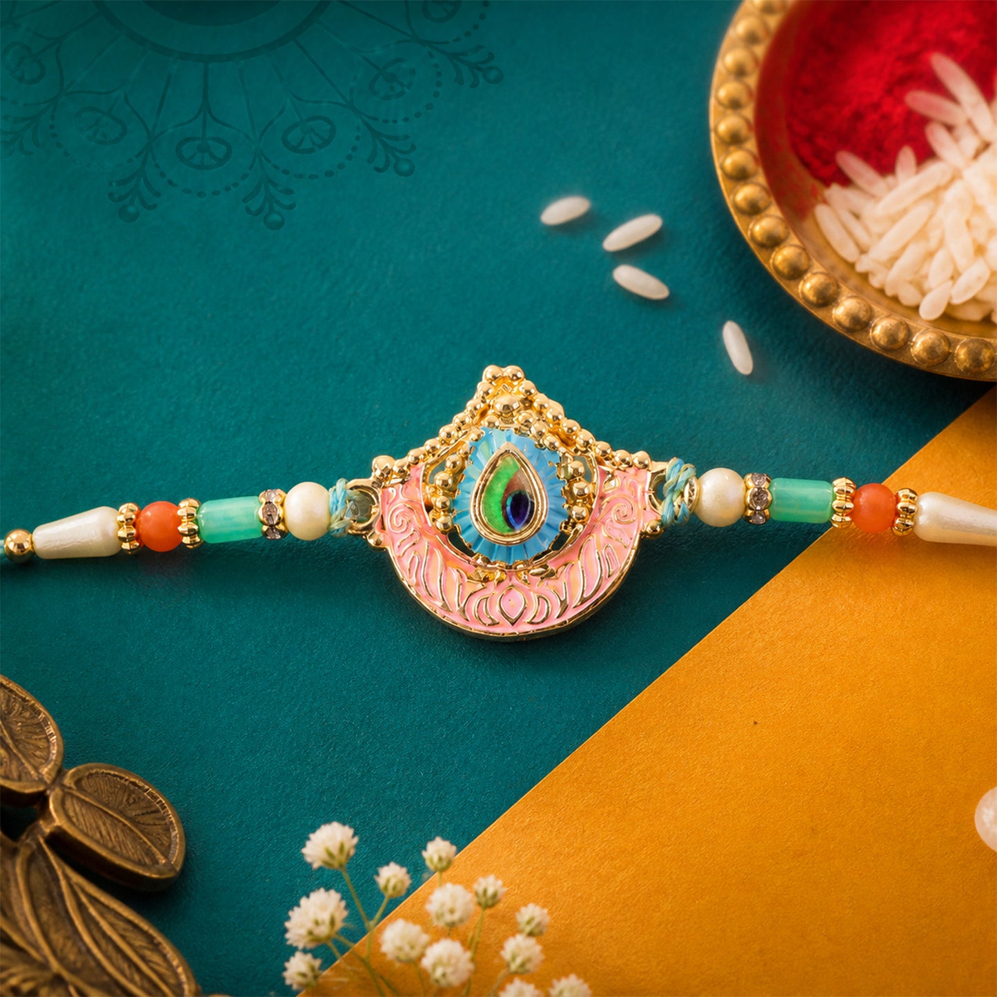 Peacock Feather Crown Pendant Rakhi with Pink Enamel