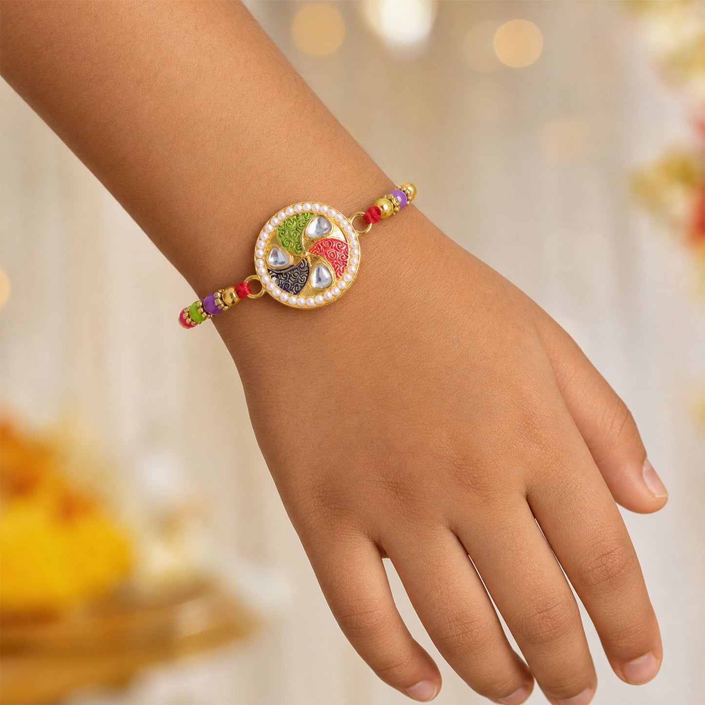 Kundan Meenakari Rakhi Pearl Border Multicolor Beads (5pcs)