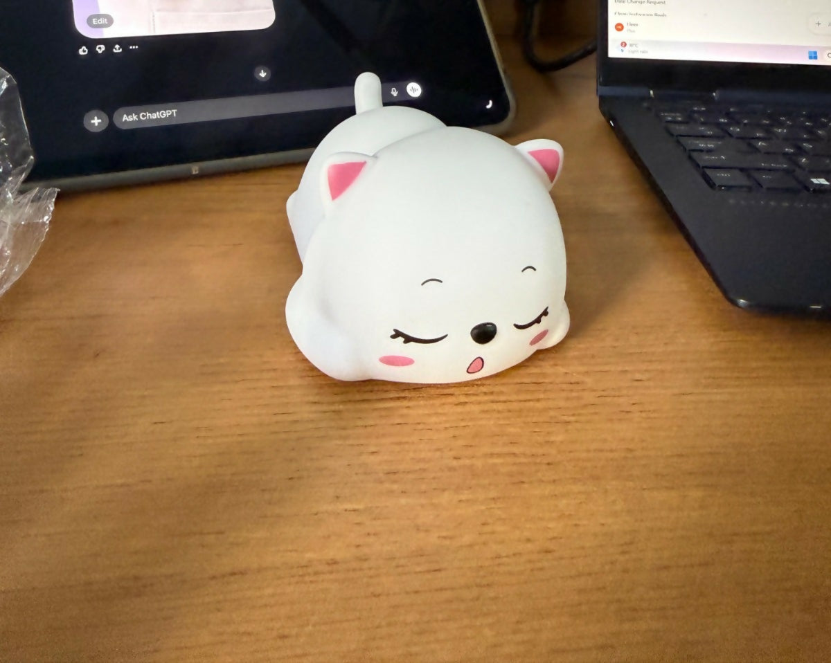 Mini sleeping cat lamp glowing on child’s study desk