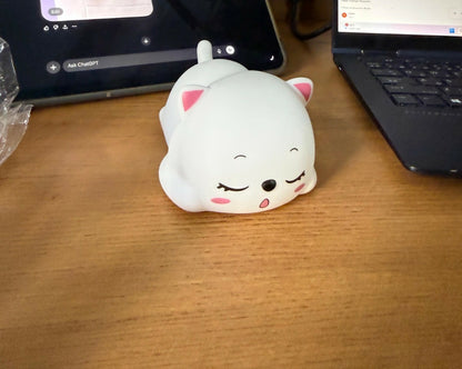 Mini sleeping cat lamp glowing on child’s study desk