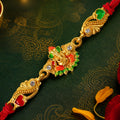 Gold-Toned Lord Ganesha Rakhi with Orange-Green Enamel, Crystal Accents & Red Thread