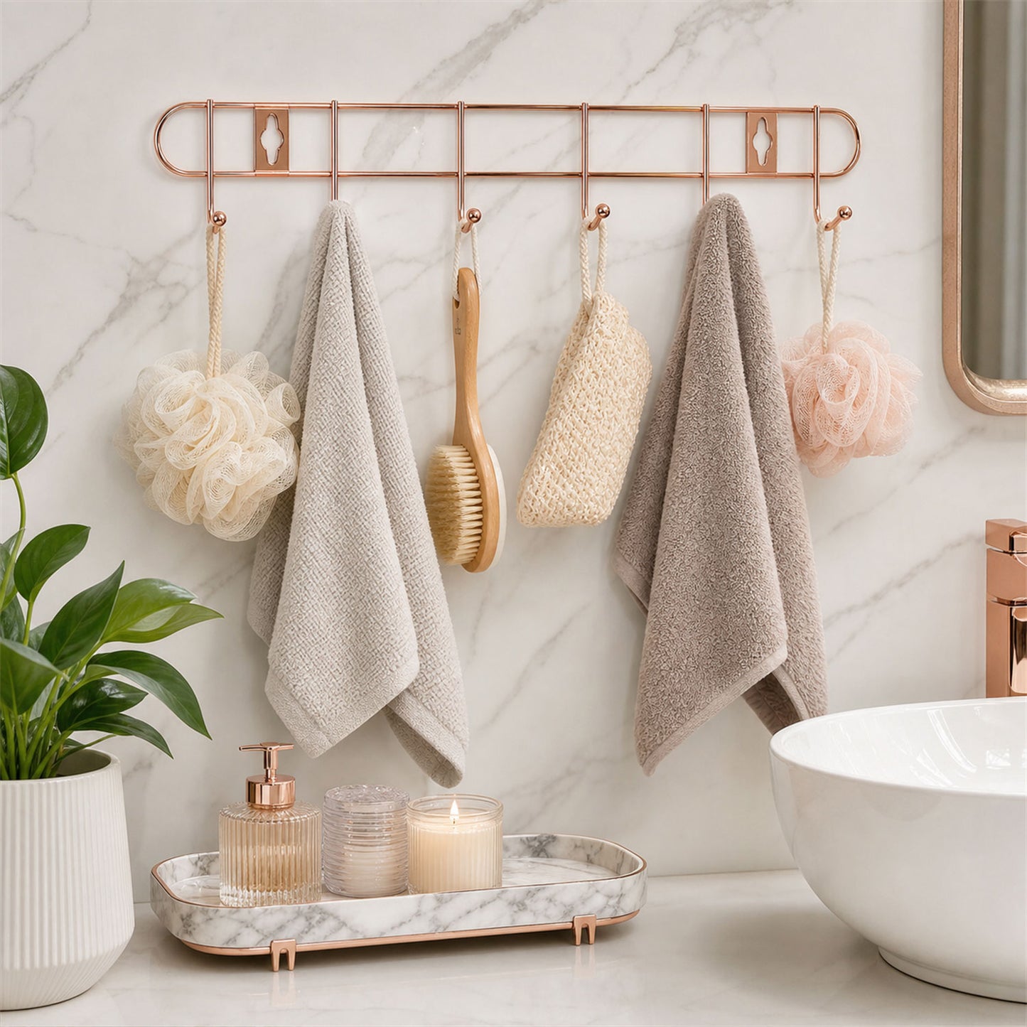 Rose gold metal wall 6 hook rack