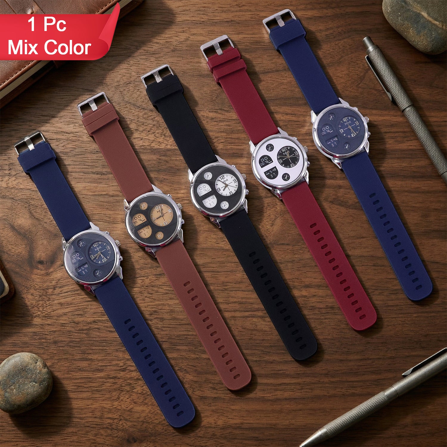 Sporty analog chronograph wristwatch with multicolour silicone strap and warm-tone dial