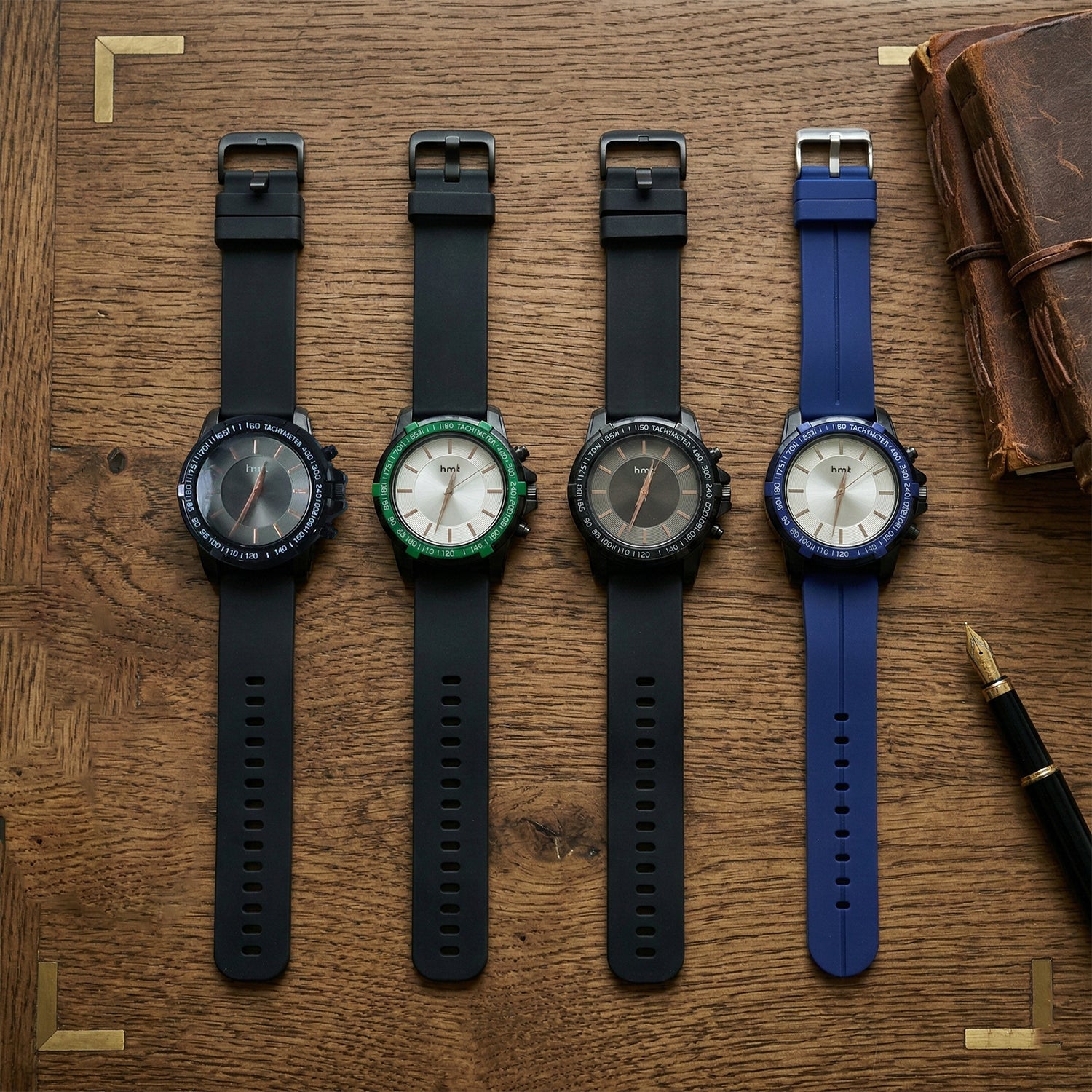 Sporty analog wrist watch with brown silicone strap and tachymeter bezel design