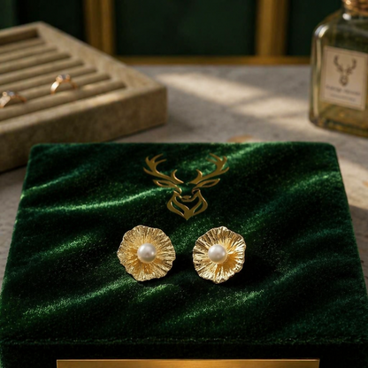 Close-up of gold flower pearl stud earring texture
