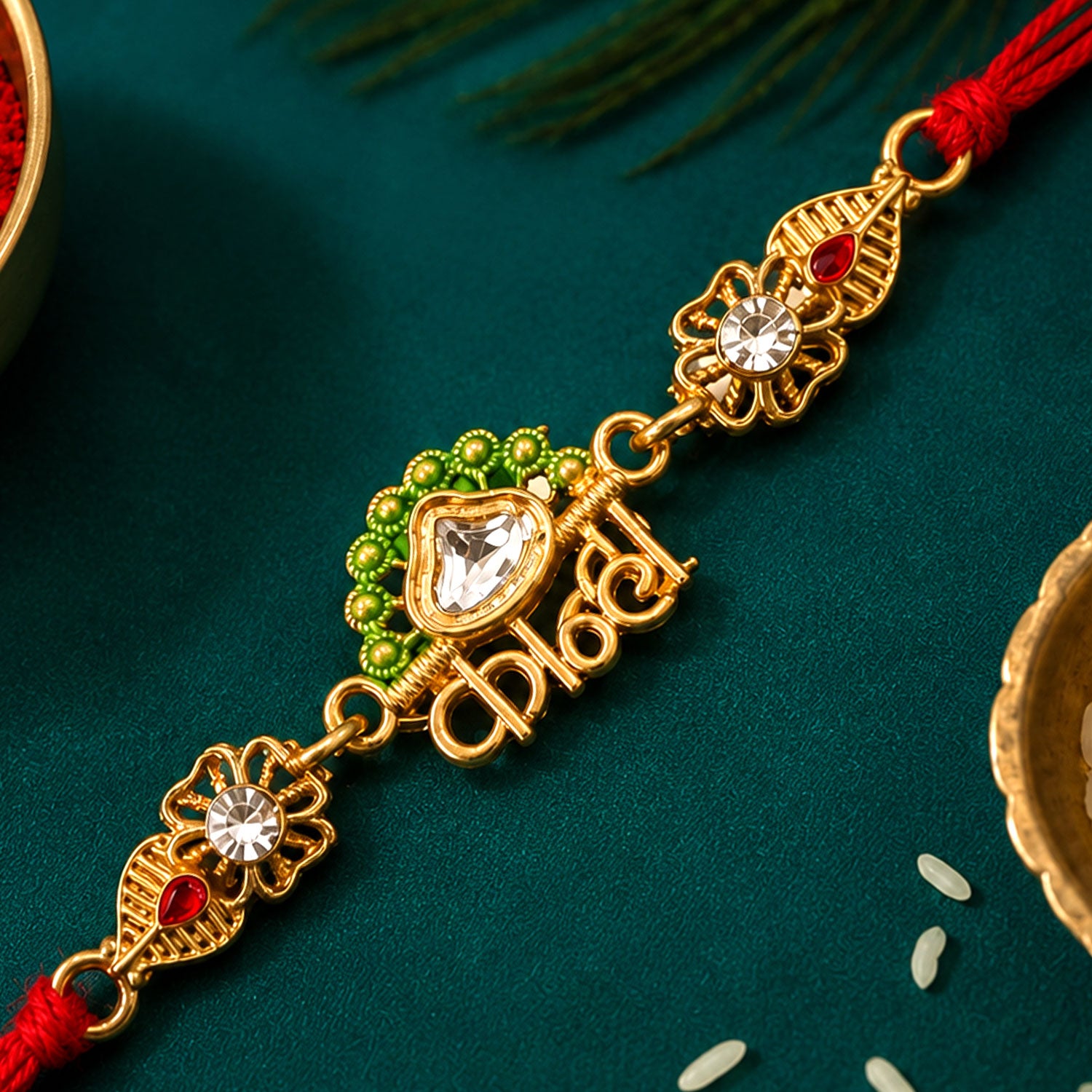 Elegant Rakhi showcasing Personalized Name Script, gold trims and wrist look for Gift