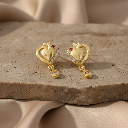 Heart Shaped Gold Finish Earrings With Crystal Border And Delicate Hanging Drop