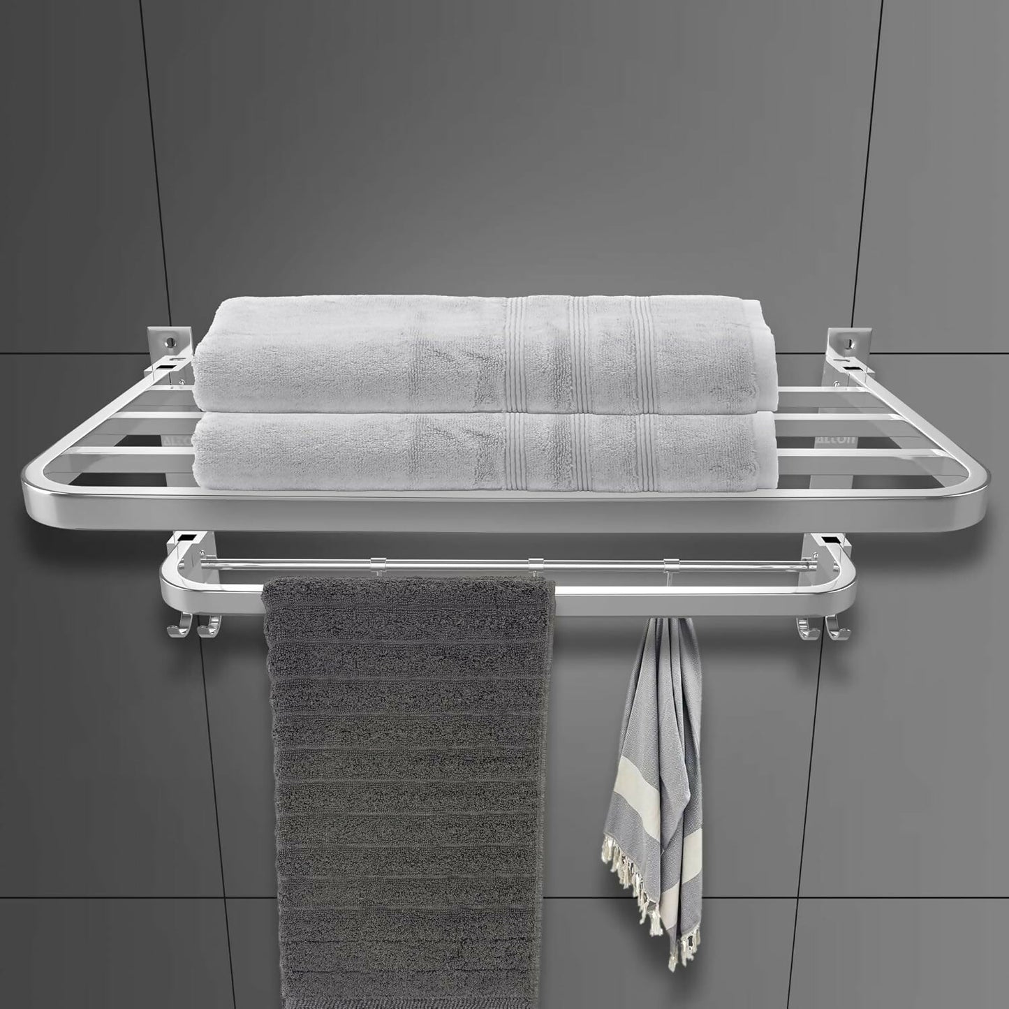 Wall Mounted Stainless Steel Towel Rack with Hooks Bathroom Storage Shelf