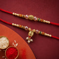 Antique Engraved Cube Bhai Bhabhi Rakhi with Crystal, Beads and Pearl Drops