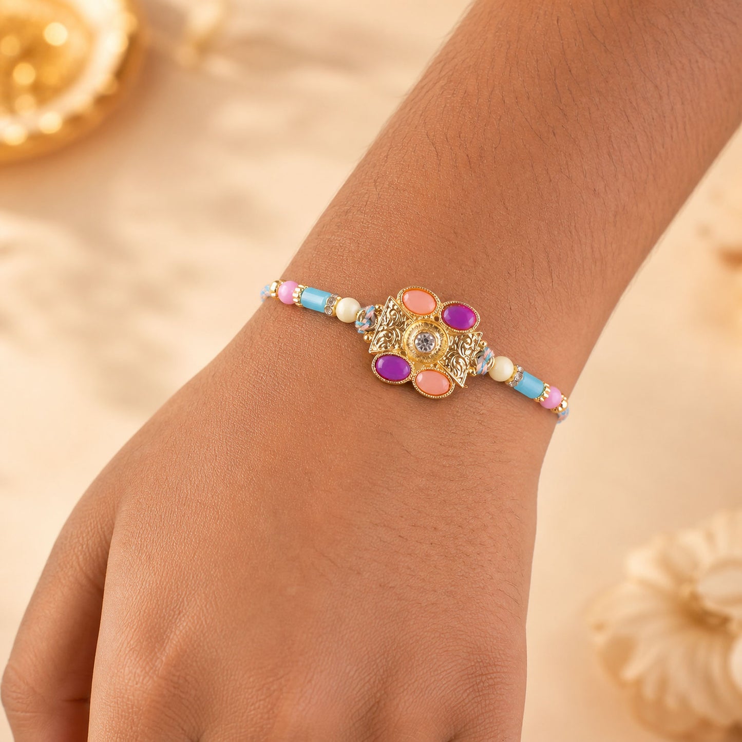 Premium Rakhi with Multicolor Floral Medallion, bead line and chain look for Gift Use