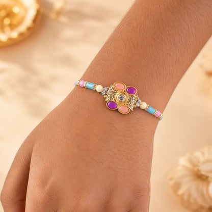 Premium Rakhi with Multicolor Floral Medallion, bead line and chain look for Gift Use