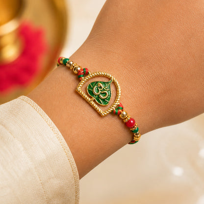 Divine Rakhi with Om Arch Plaque, leaf detail and display look for Festive Display