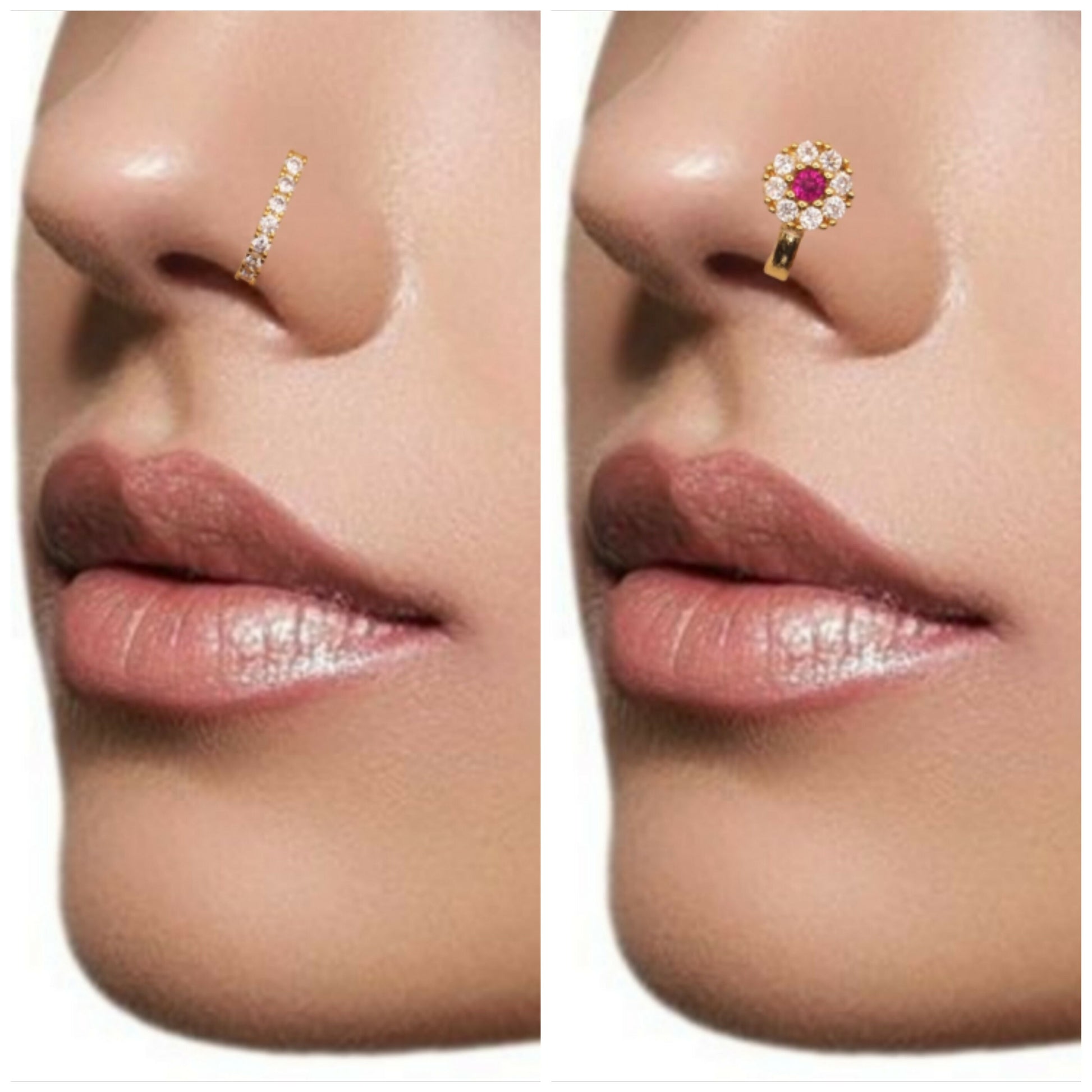 Ruby CZ Gold Plated Non-Piercing Flower Nose Ring/Clip On Nath Combo Pack of 2