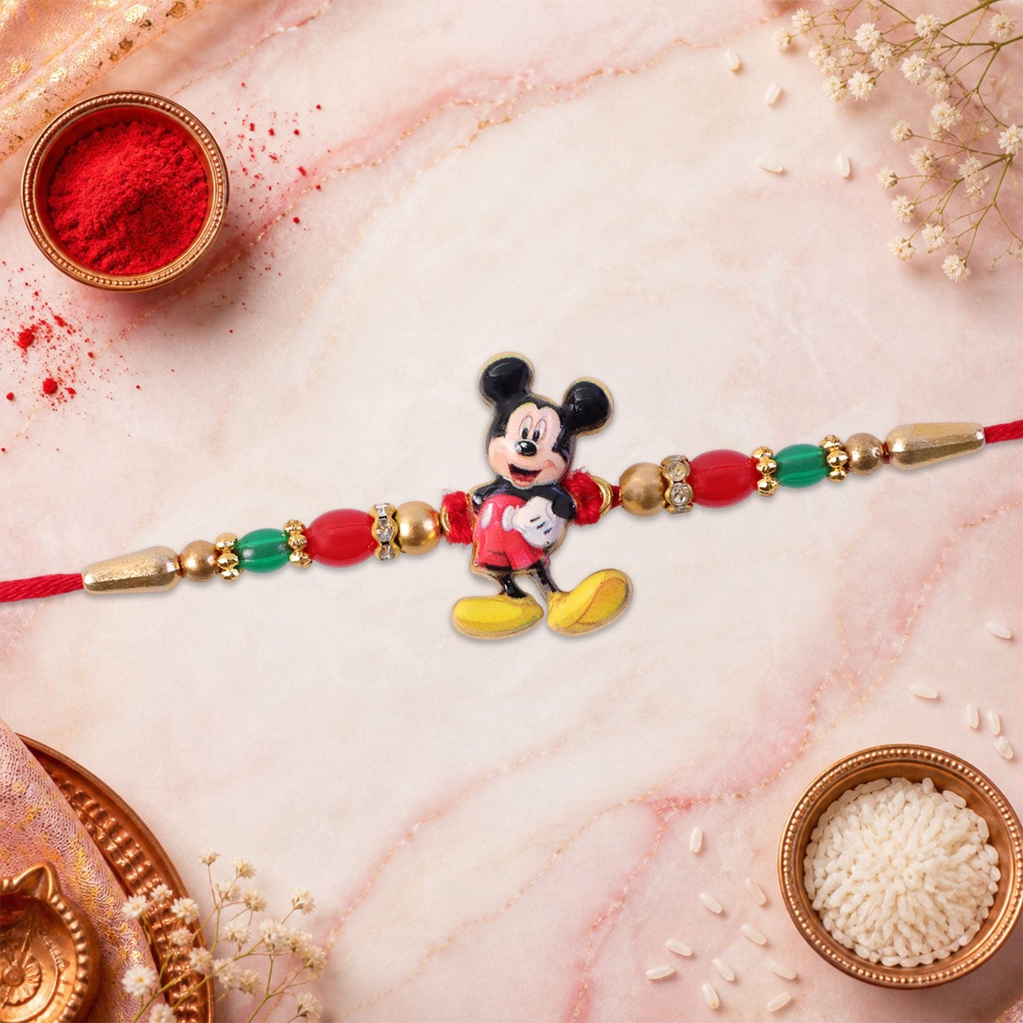 Mickey Mouse Kids Rakhi Pearls Golden Beads Red Thread (5pcs)