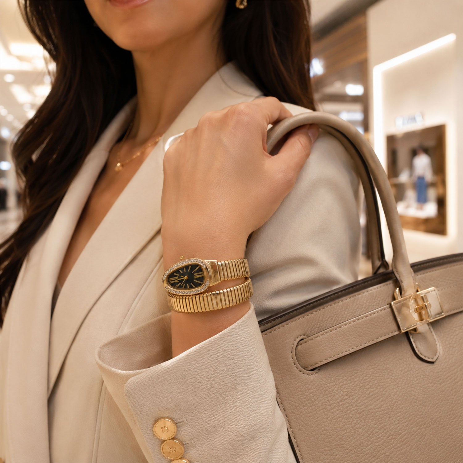 Gold Oval Snake Style Bracelet Watch with Black Dial and Crystal Border Design