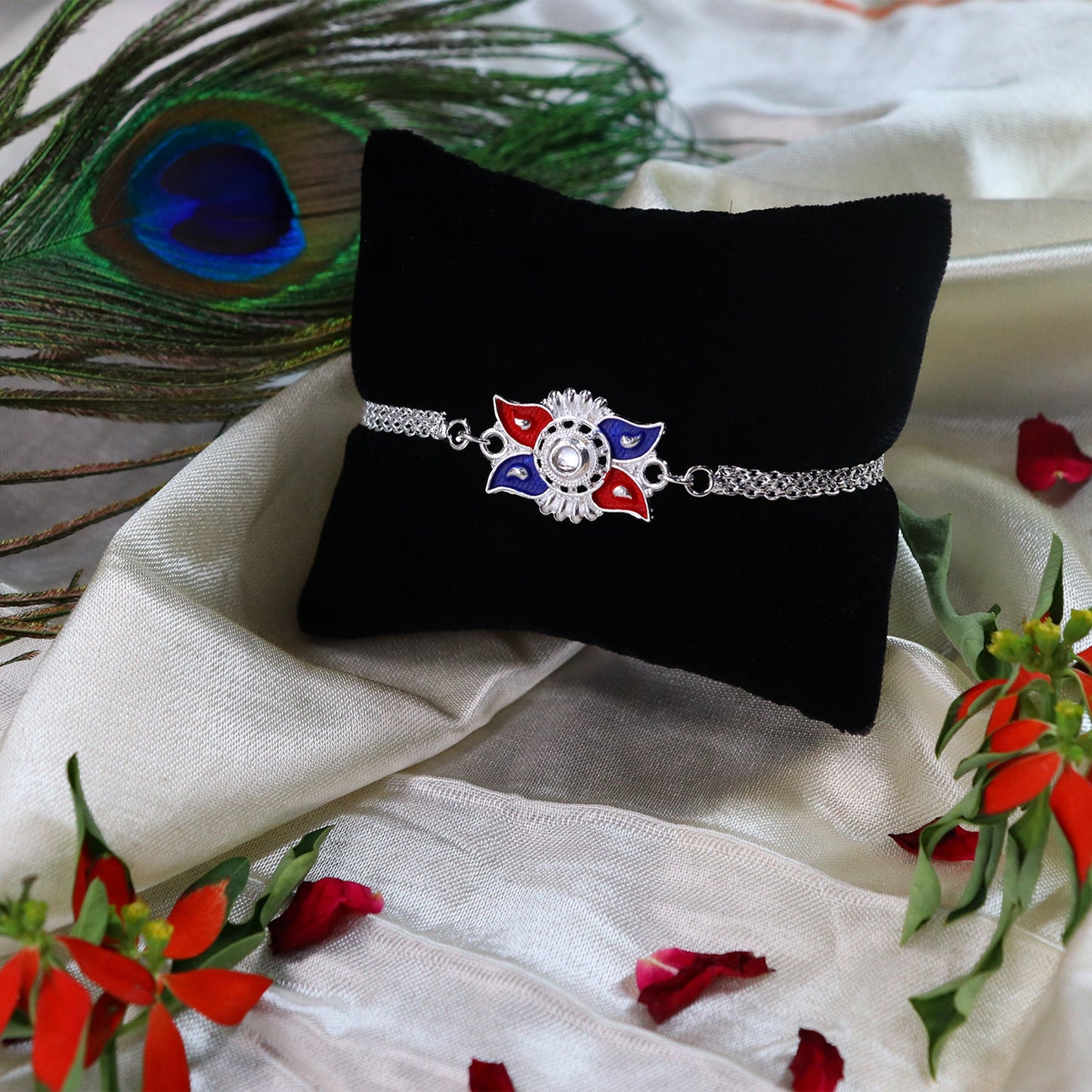 Sun Design Rakhi Red Blue Enamel & Silver-Tone Chain (10pcs)