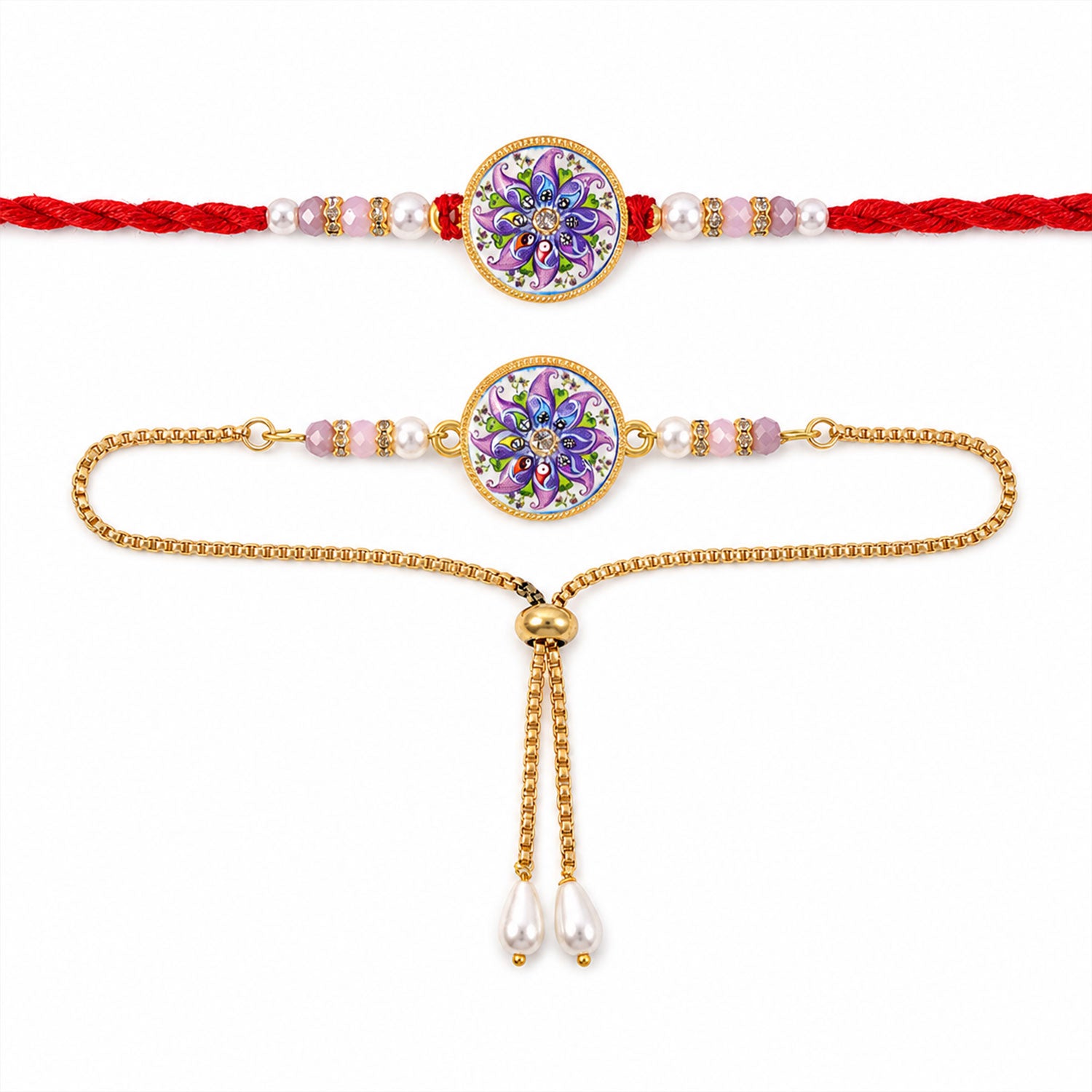 Round Mosaic Floral Bhai Bhabhi Lumba Rakhi with Pearl Drop Pair