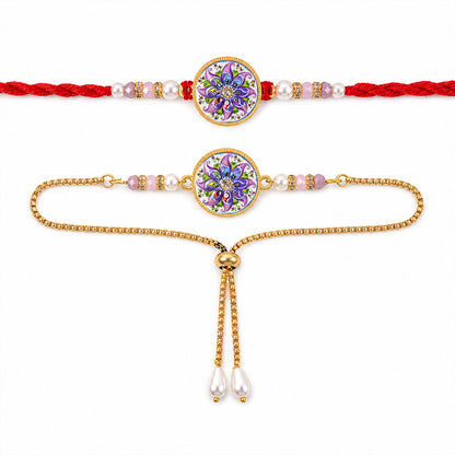 Round Mosaic Floral Bhai Bhabhi Lumba Rakhi with Pearl Drop Pair