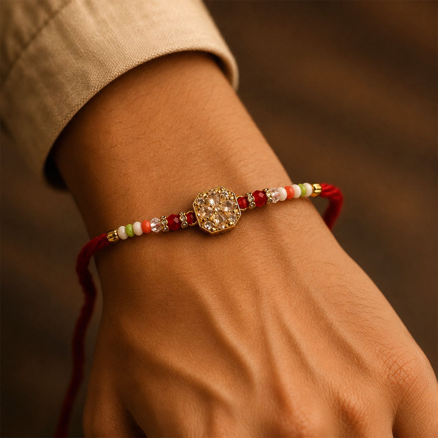 Square AD Stone Designer Rakhi for Brother with Multicolour Crystal Beads