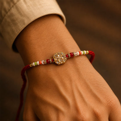 Square AD Stone Designer Rakhi for Brother with Multicolour Crystal Beads