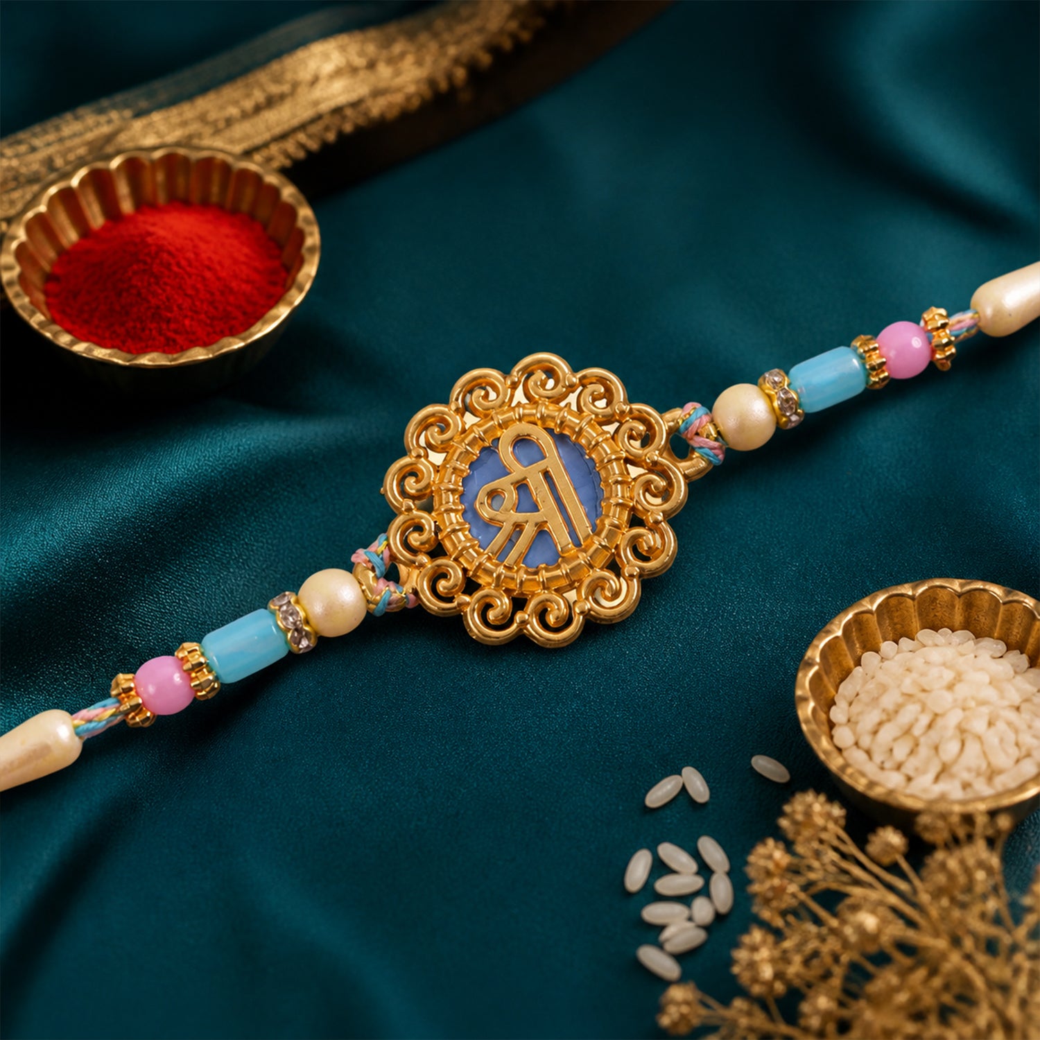 Bold Rakhi featuring Shri Plaque, ornate frame and plaque look for Festive Display