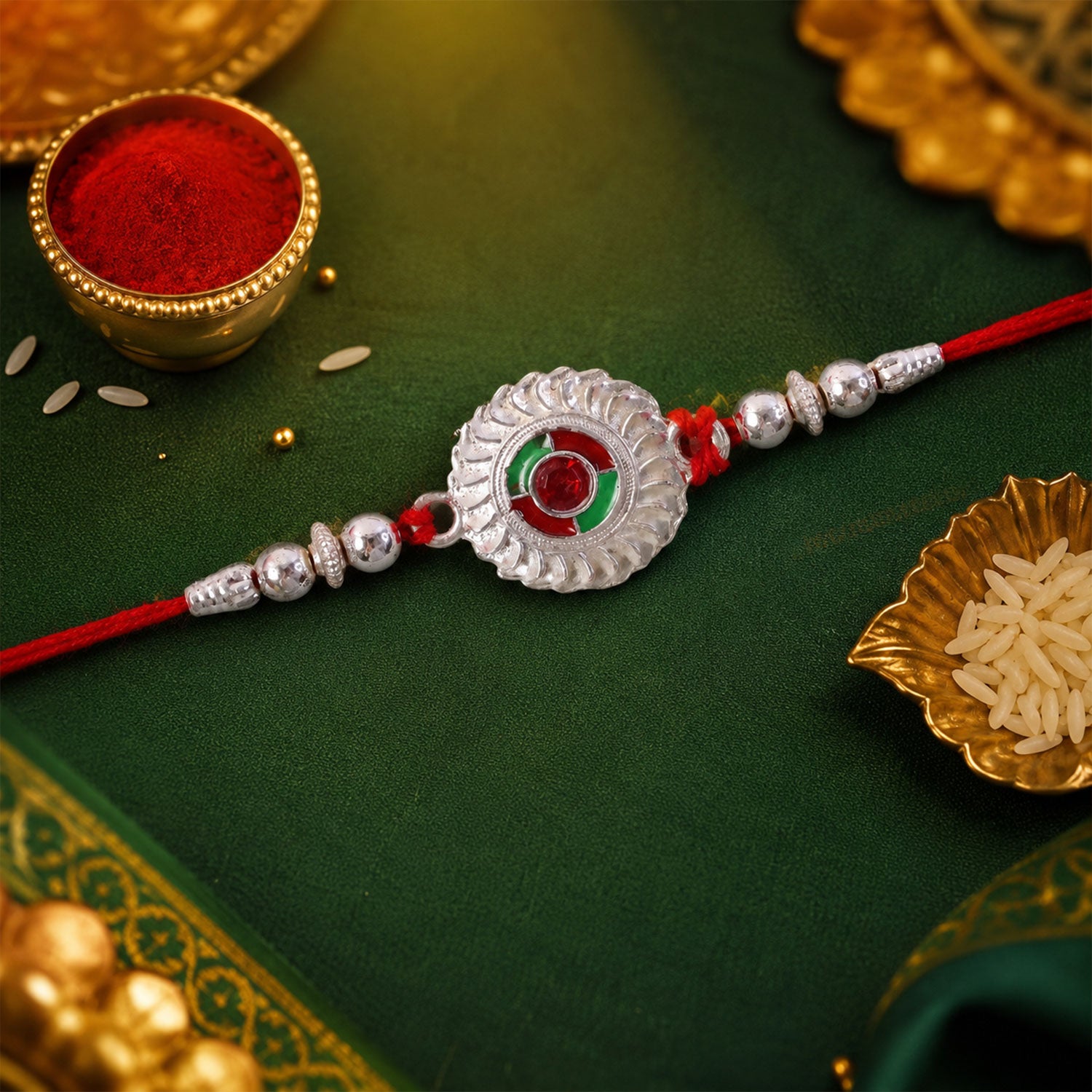 Silver Round Kundan Rakhi with Green Red Center and Metal Beads