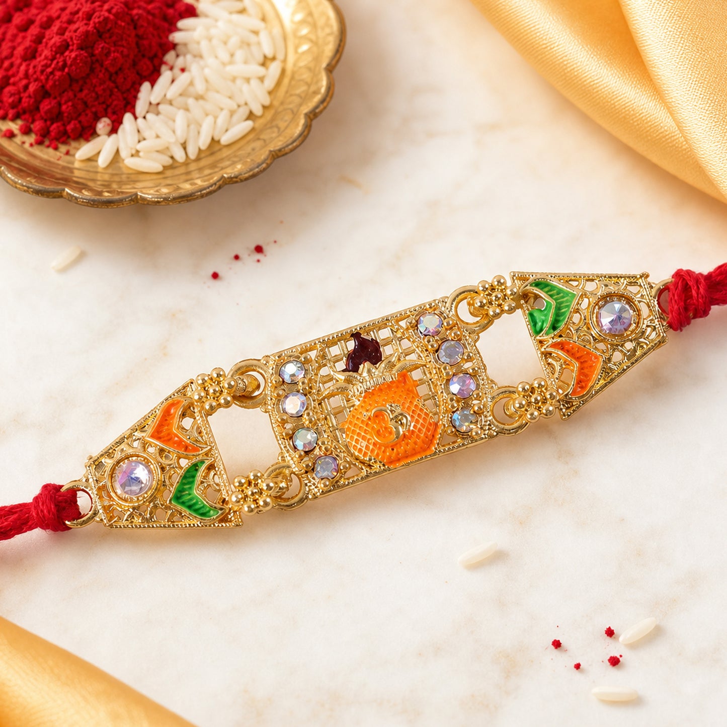 Premium Rakhi with Ornate Rectangular Plaque, crystal borders and chain look for Gift