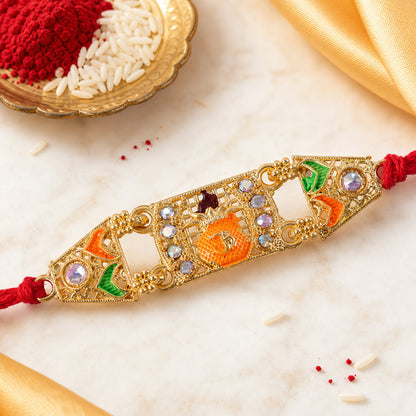 Premium Rakhi with Ornate Rectangular Plaque, crystal borders and chain look for Gift