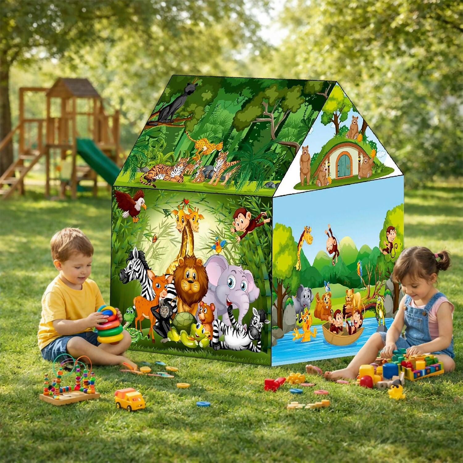 Jungle Safari Foldable Kids Play Tent House with Cartoon Animal Print for Indoor & Outdoor Fun