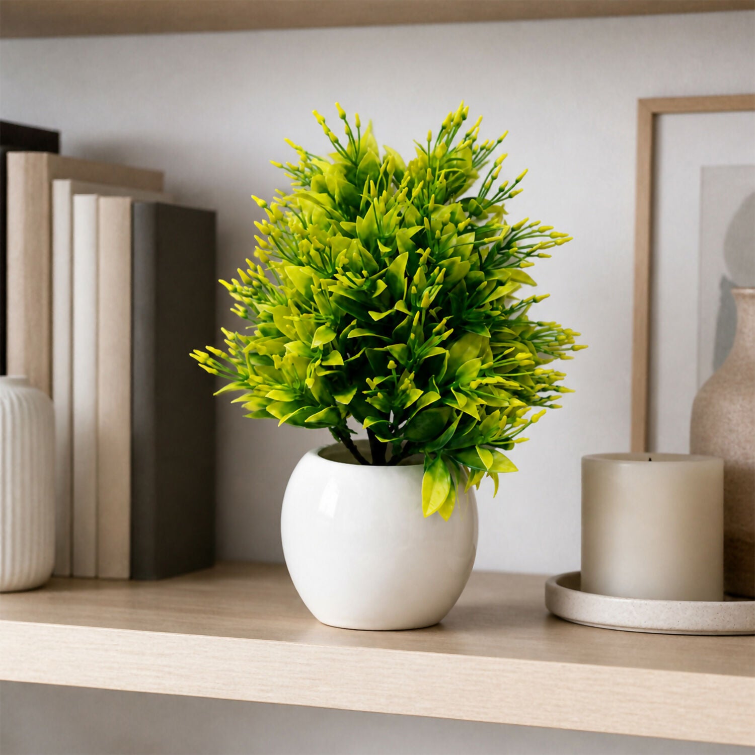 Artificial Yellow Green Bonsai Tree Plant in White Ceramic Pot Home Office Décor