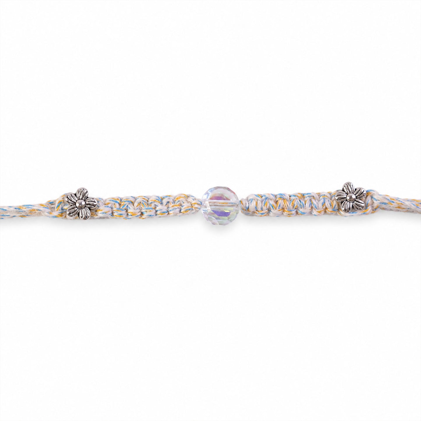 Pastel Braided Rakhi with Blue-White Thread and Crystal Bead Charm for Raksha Bandhan