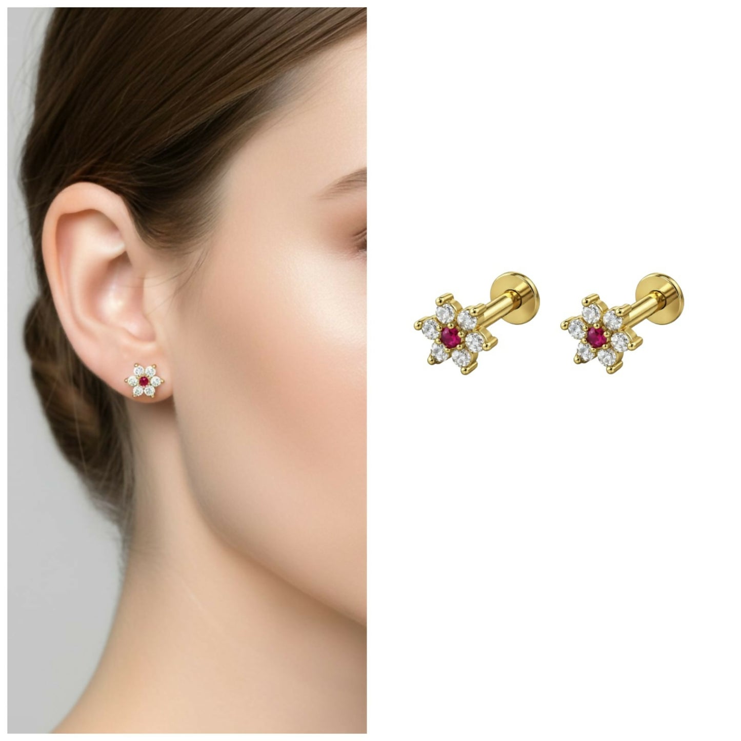 Gold plated ruby and diamond flower stud earrings with vibrant ruby center