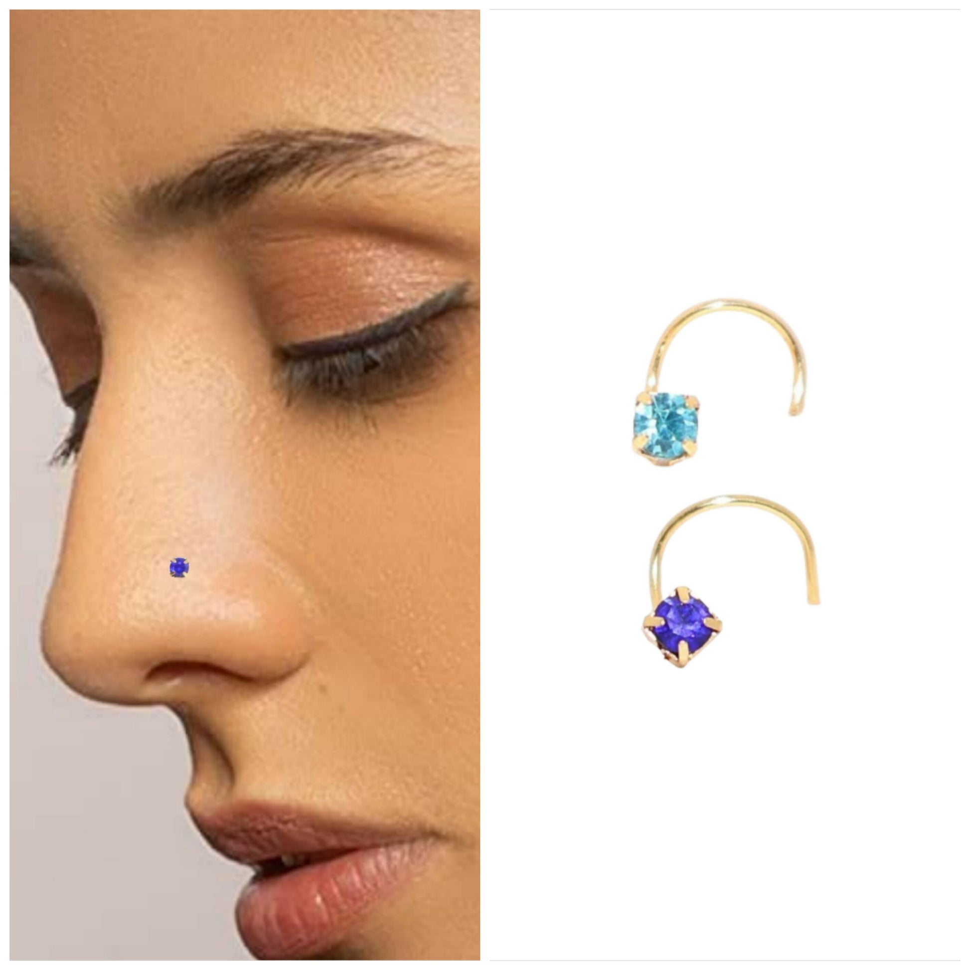 Close-up of gold plated clear crystal nose pin with four-prong setting