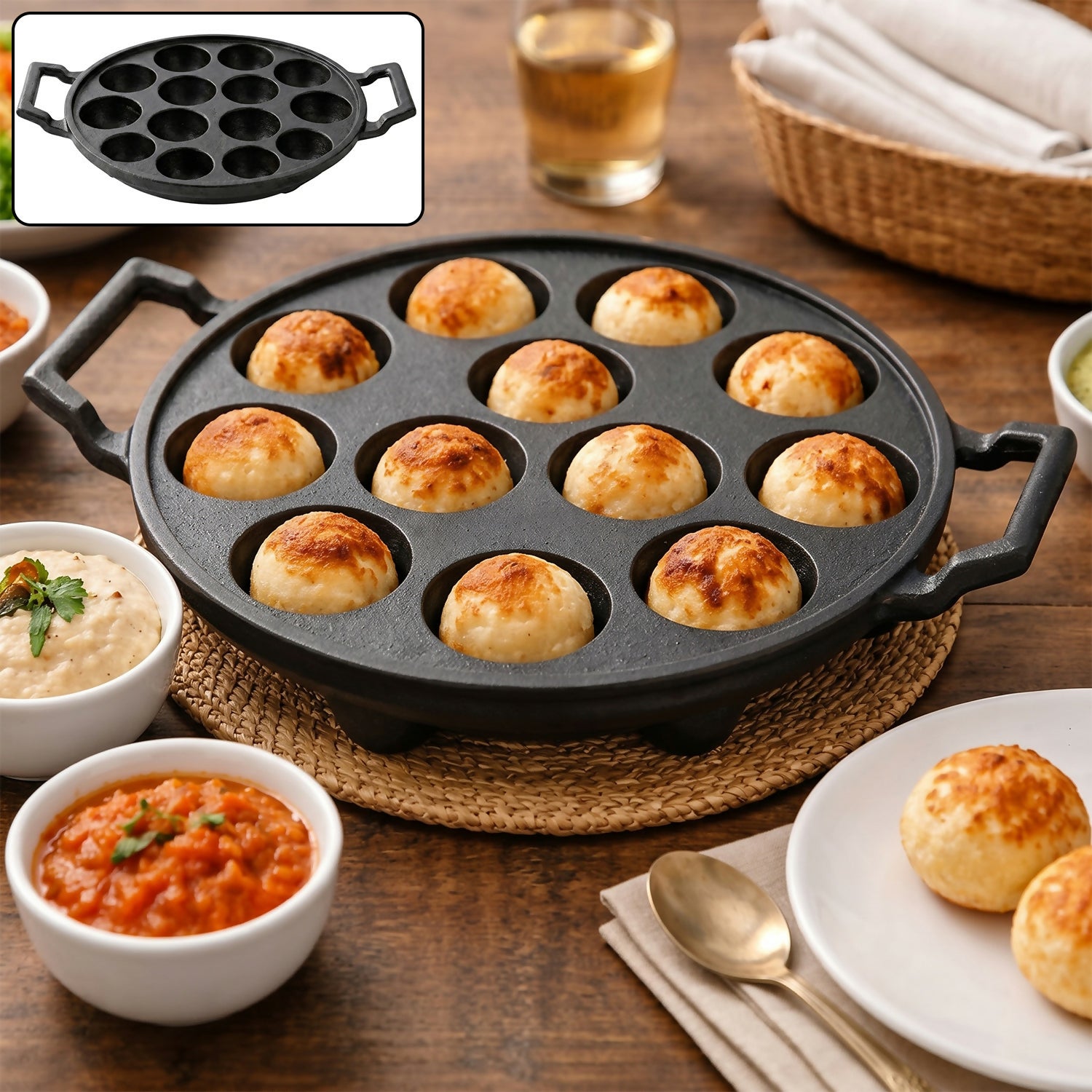 Pre-seasoned cast iron 12-cavity paniyaram pan with dual handles