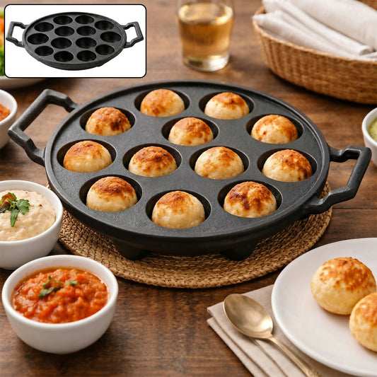 Pre-seasoned cast iron 12-cavity paniyaram pan with dual handles