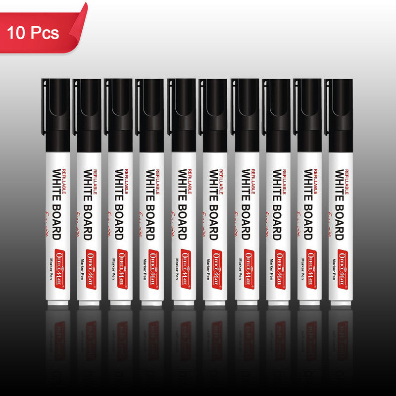 Refillable whiteboard marker pen set with bold black ink