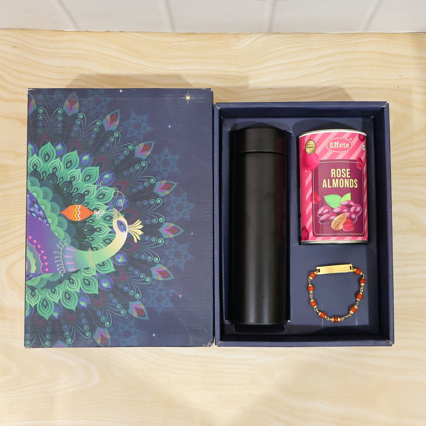 Packaging of Customize Bracelet Rakhi with Chocolate & Bottle Set